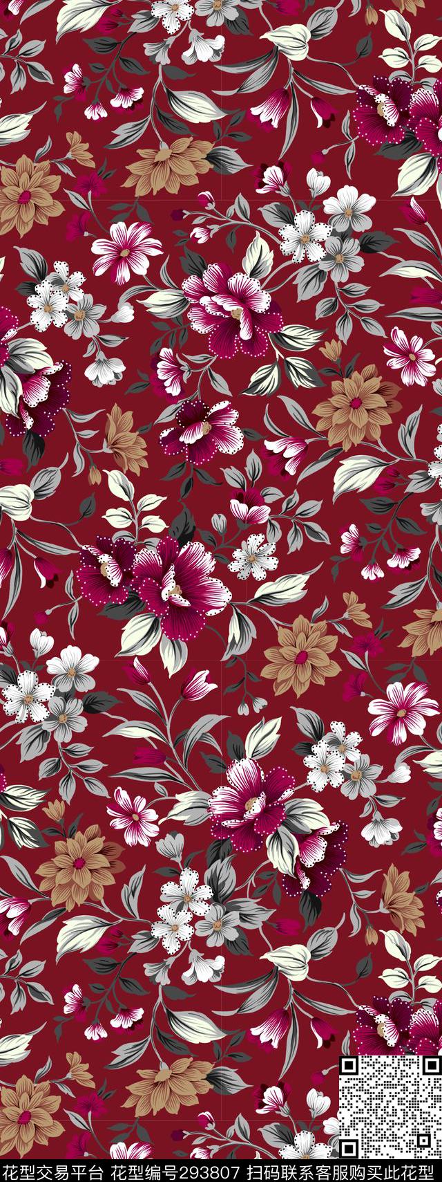油画花卉碎花复古传统印花华亿平台下载（图片编号: 293807） - 瓦栏（Walan）