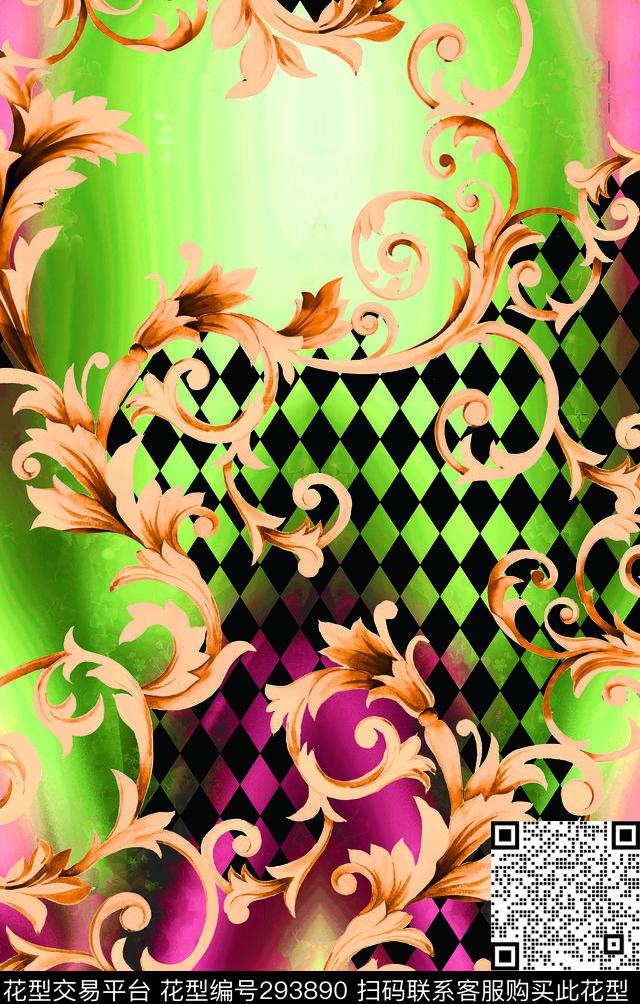 黑白菱格古典花纹炫彩数码印花华亿平台下载（图片编号: 293890） - 瓦栏（Walan）