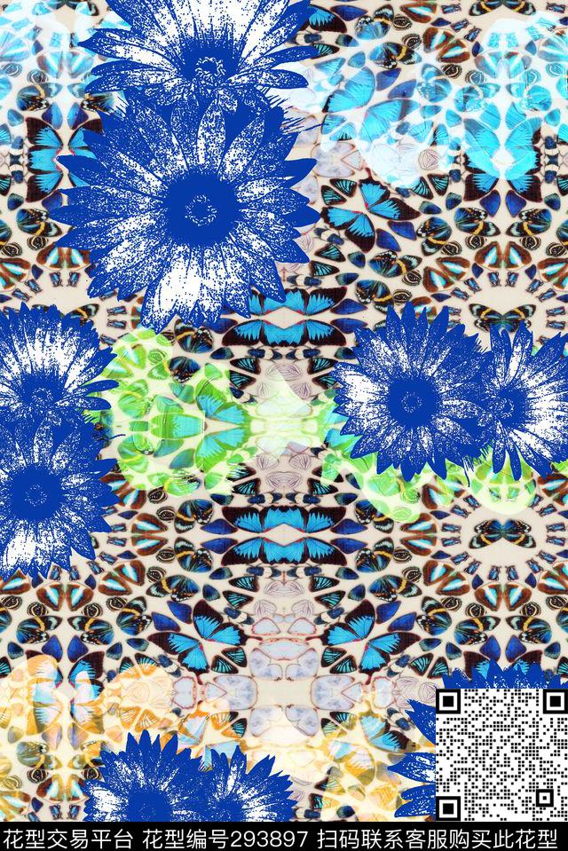 抽象花卉蝴蝶数码印花华亿平台下载（图片编号: 293897） - 瓦栏（Walan）