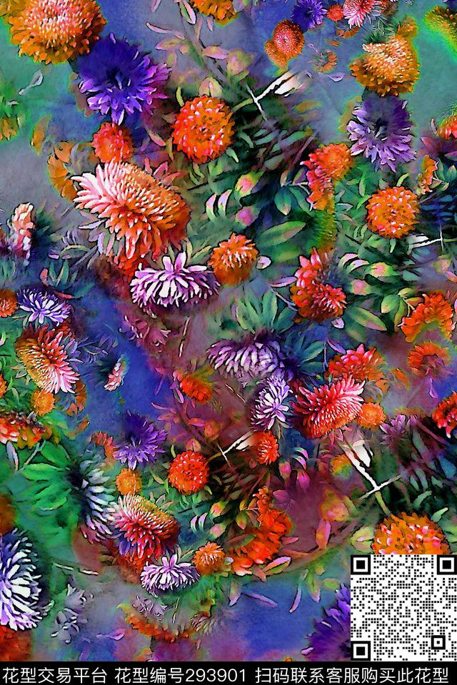 手绘油画花卉多彩数码印花华亿平台下载（图片编号: 293901） - 瓦栏（Walan）