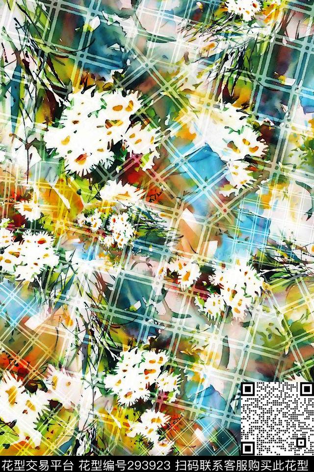 几何格纹手绘水彩花卉多彩数码印花华亿平台下载（图片编号: 293923） - 瓦栏（Walan）