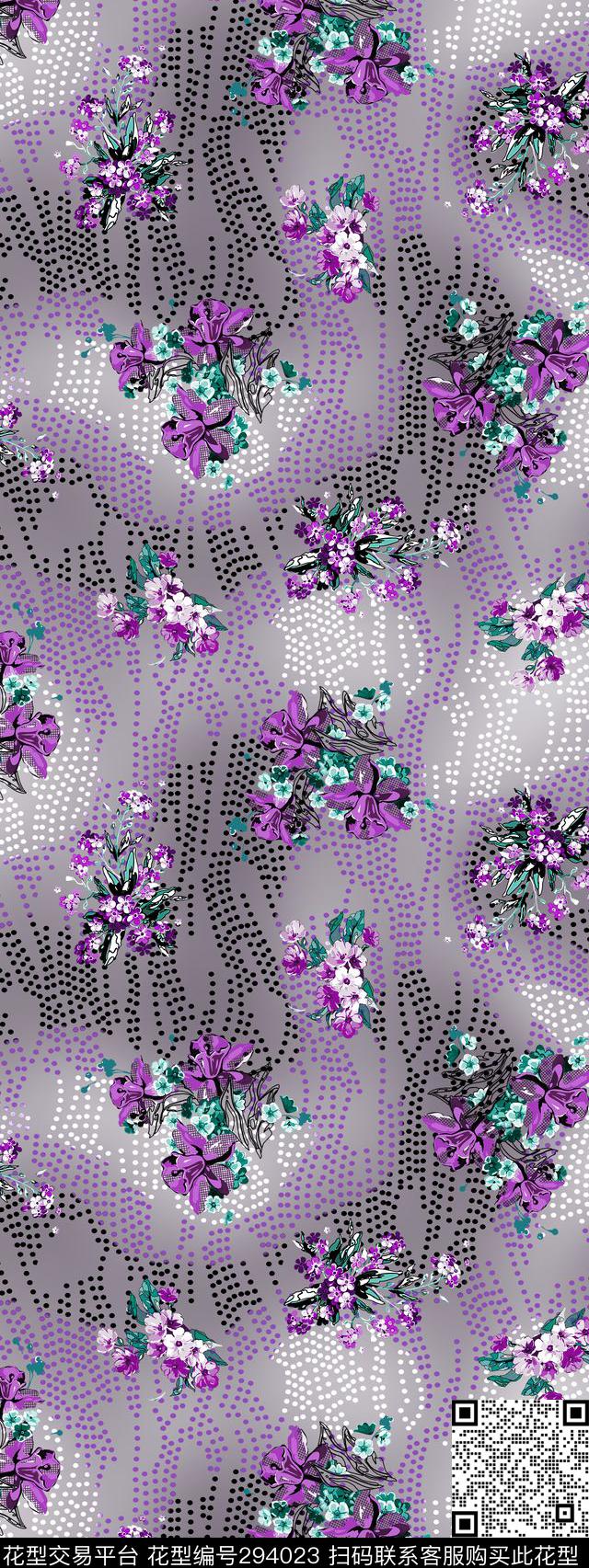 圆点抽象花卉传统印花华亿平台下载（图片编号: 294023） - 瓦栏（Walan）