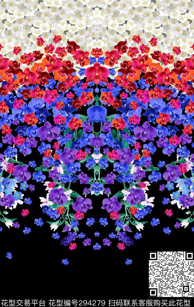 手绘水彩花卉兰花渐变数码印花华亿平台下载（图片编号: 294279） - 瓦栏（Walan）