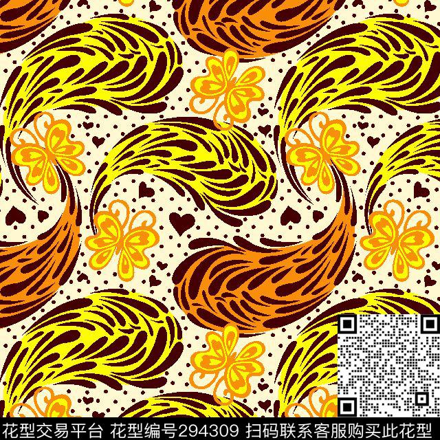 抽象花卉蝴蝶传统印花华亿平台下载（图片编号: 294309） - 瓦栏（Walan）