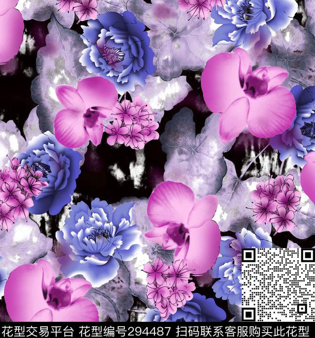 手绘水彩花卉晕染数码印花华亿平台下载（图片编号: 294487） - 瓦栏（Walan）