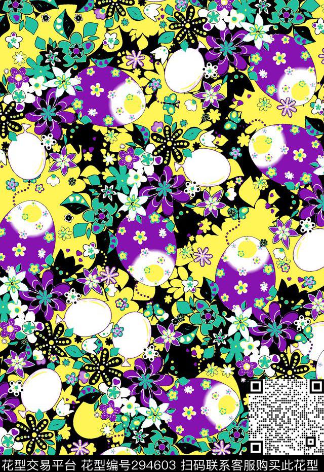 彩蛋花卉多彩传统印花华亿平台下载（图片编号: 294603） - 瓦栏（Walan）