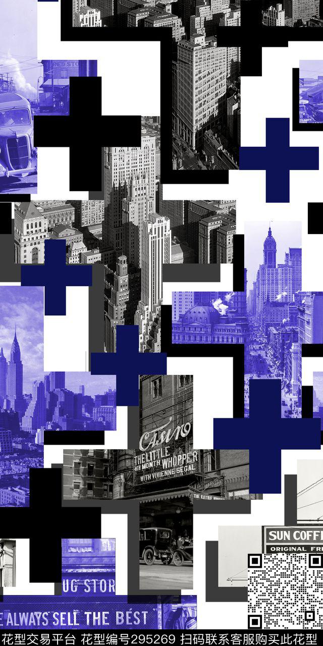 十字剪影城市建筑时尚数码印花华亿平台下载（图片编号: 295269） - 瓦栏（Walan）
