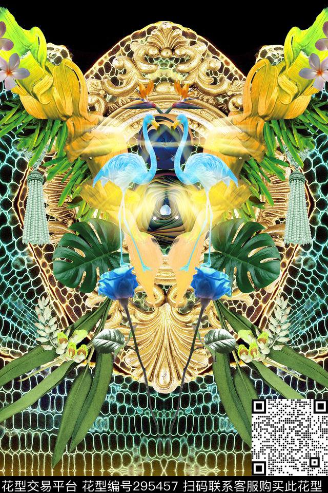 网纹热带植物炫彩数码印花华亿平台下载（图片编号: 295457） - 瓦栏（Walan）