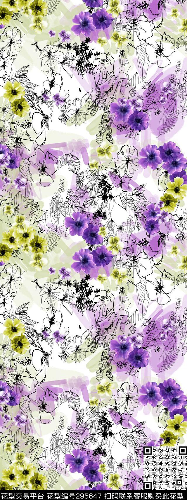 手绘水彩花卉清新数码印花华亿平台下载（图片编号: 295647） - 瓦栏（Walan）