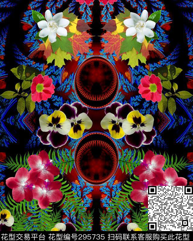 油画花卉多彩对称数码印花华亿平台下载（图片编号: 295735） - 瓦栏（Walan）