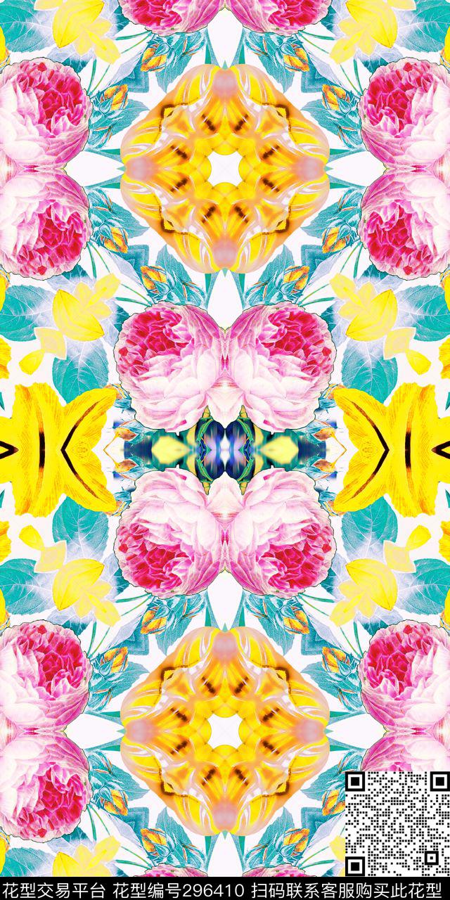 手绘水彩花卉对称数码印花华亿平台下载（图片编号: 296410） - 瓦栏（Walan）