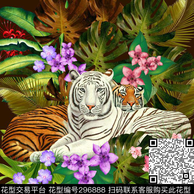 老虎热带植物花卉传统印花华亿平台下载（图片编号: 296888） - 瓦栏（Walan）