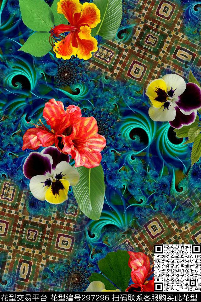 摄影写实花卉几何格纹复古数码印花华亿平台下载（图片编号: 297296） - 瓦栏（Walan）
