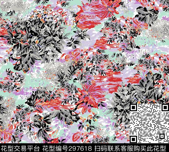 花卉抽象写意传统印花华亿平台下载（图片编号: 297618） - 瓦栏（Walan）