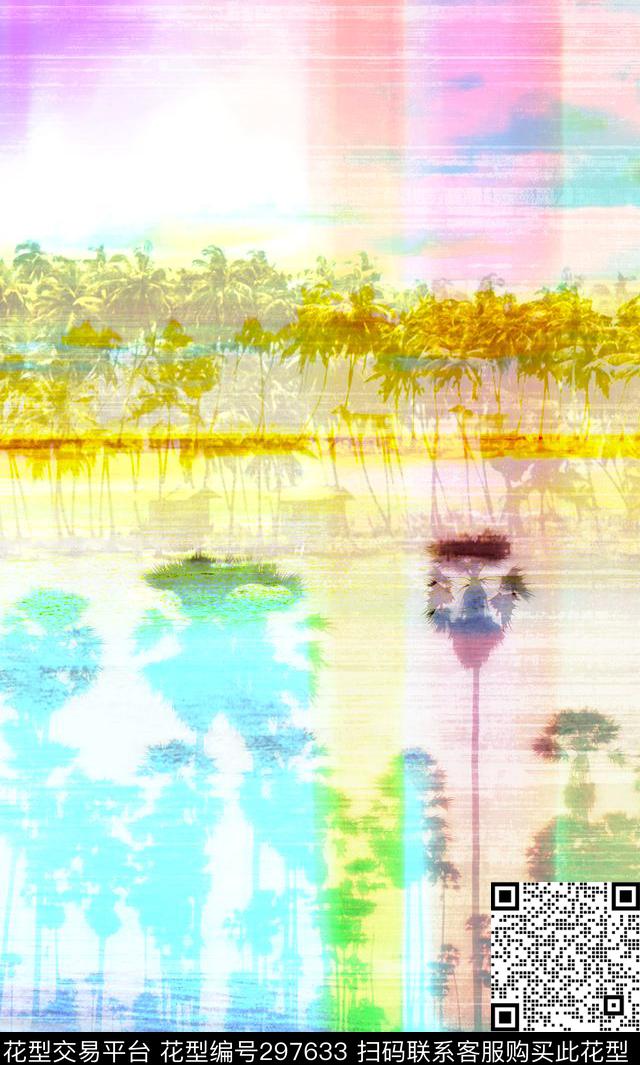 油画风景椰子树多彩数码印花华亿平台下载（图片编号: 297633） - 瓦栏（Walan）