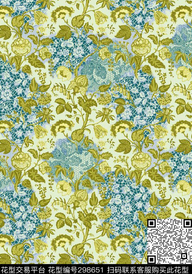 花卉佩斯利涡旋纹蕾丝传统印花华亿平台下载（图片编号: 298651） - 瓦栏（Walan）