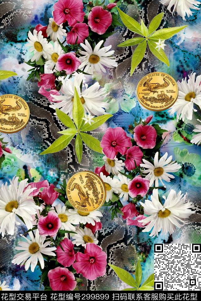 花卉钱币多彩数码印花华亿平台下载（图片编号: 299899） - 瓦栏（Walan）