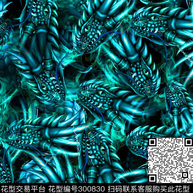 抽象凶猛野兽龙纹数码印花华亿平台下载（图片编号: 300830） - 瓦栏（Walan）