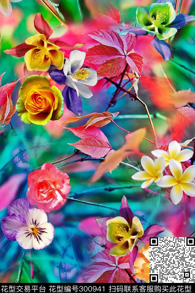 摄影写实花卉树叶枝干炫彩数码印花华亿平台下载（图片编号: 300941） - 瓦栏（Walan）