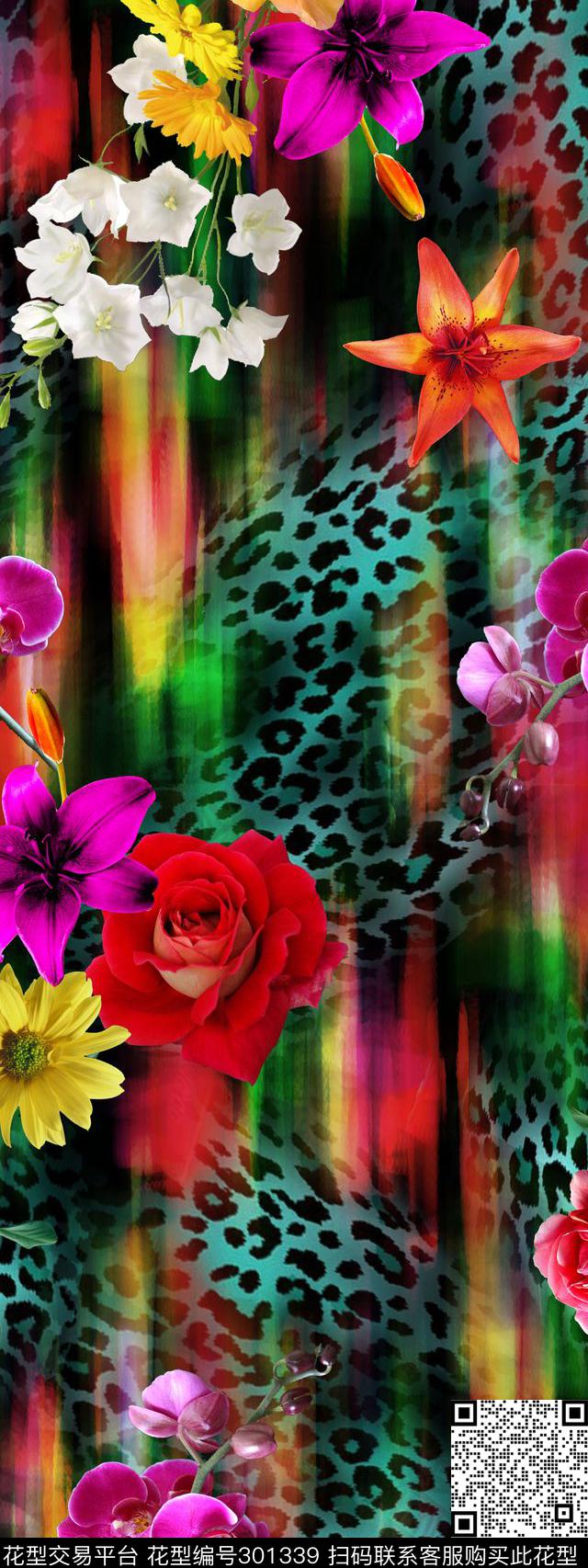 摄影写实花卉豹纹多彩数码印花华亿平台下载（图片编号: 301339） - 瓦栏（Walan）