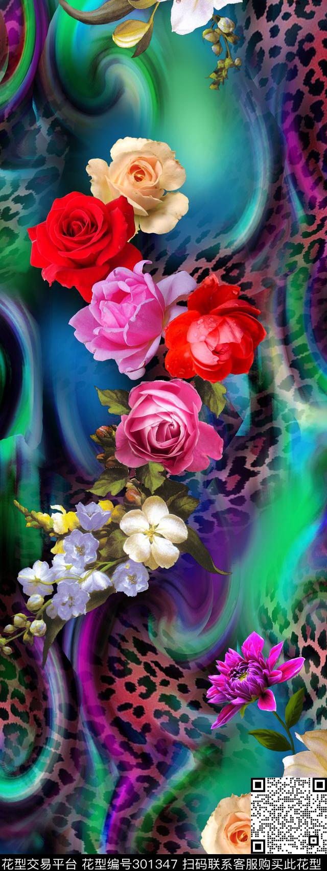 摄影写实花卉豹纹多彩数码印花华亿平台下载（图片编号: 301347） - 瓦栏（Walan）