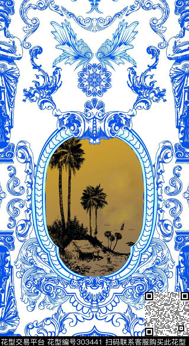 青花欧式复古华丽传统印花华亿平台下载（图片编号: 303441） - 瓦栏（Walan）