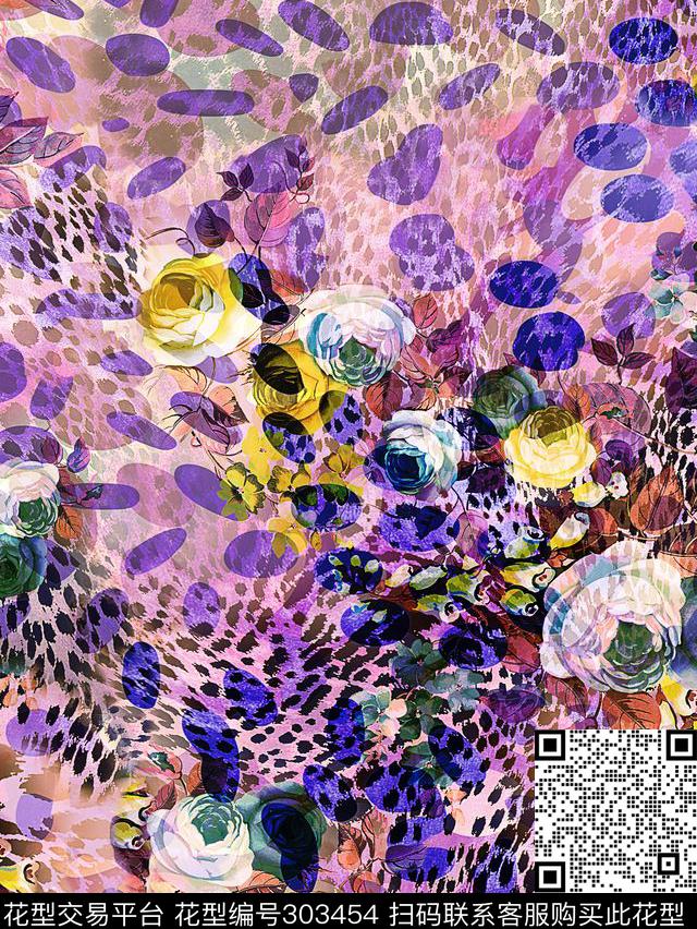 手绘水彩花卉豹纹数码印花华亿平台下载（图片编号: 303454） - 瓦栏（Walan）
