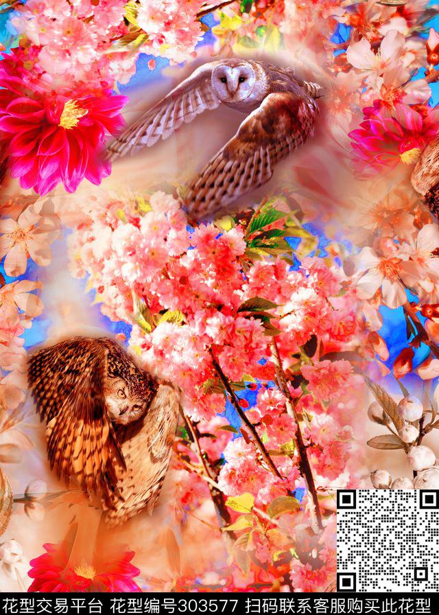 摄影写实花卉桃花猫头鹰数码印花华亿平台下载（图片编号: 303577） - 瓦栏（Walan）