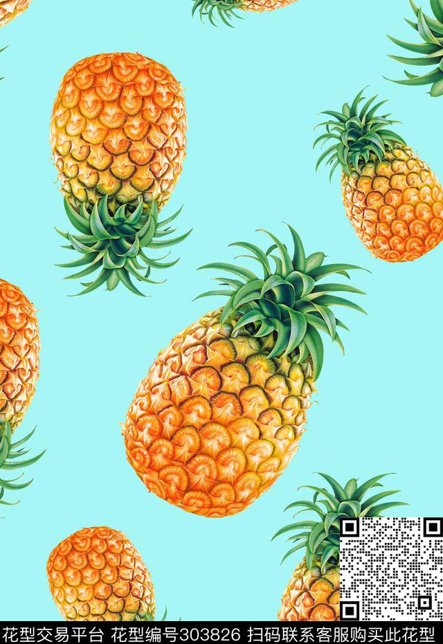 热带水果撞色菠萝数码印花华亿平台下载（图片编号: 303826） - 瓦栏（Walan）