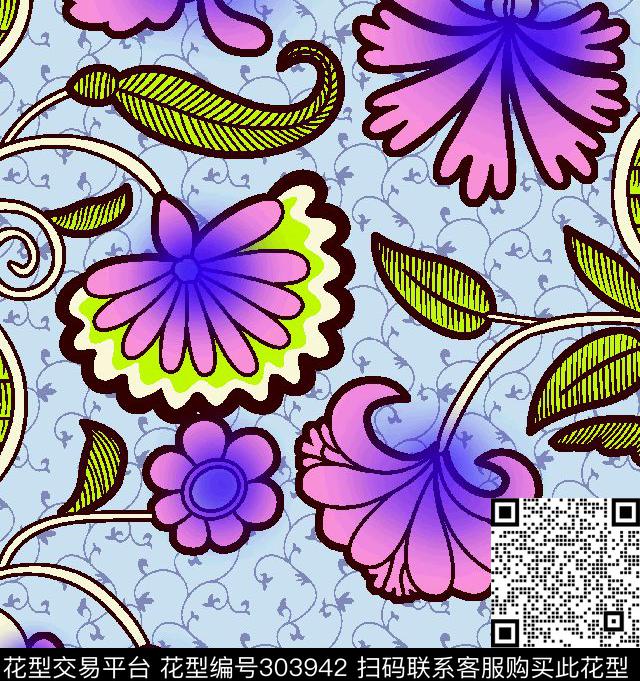 水彩花卉古典花纹炫彩数码印花华亿平台下载（图片编号: 303942） - 瓦栏（Walan）