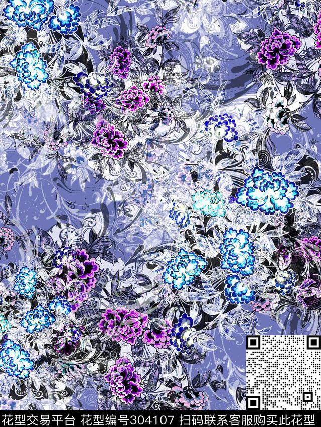 手绘水彩花卉复古花纹数码印花华亿平台下载（图片编号: 304107） - 瓦栏（Walan）