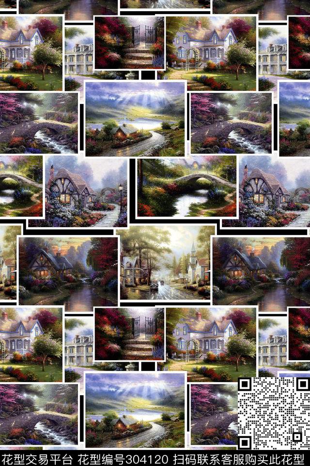 几何方格油画拼贴数码印花华亿平台下载（图片编号: 304120） - 瓦栏（Walan）