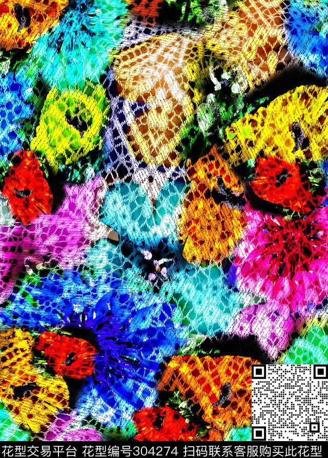 抽象花卉蕾丝数码印花华亿平台下载（图片编号: 304274） - 瓦栏（Walan）