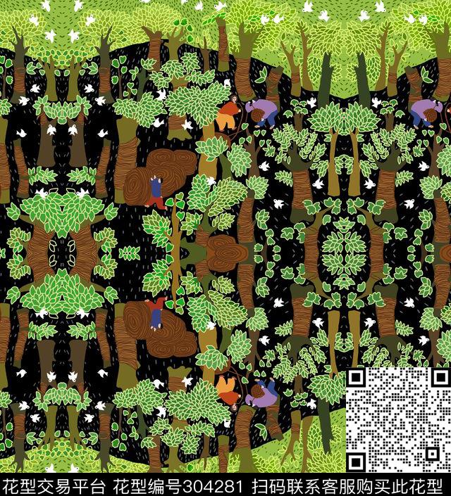 手绘水彩树林抽象数码印花华亿平台下载（图片编号: 304281） - 瓦栏（Walan）