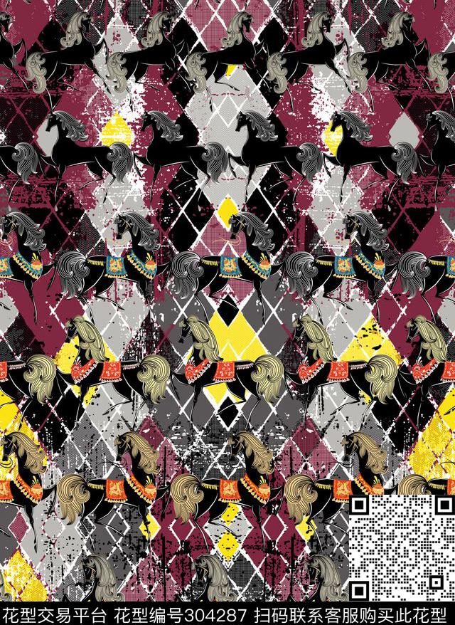 几何菱格手绘水彩马数码印花华亿平台下载（图片编号: 304287） - 瓦栏（Walan）