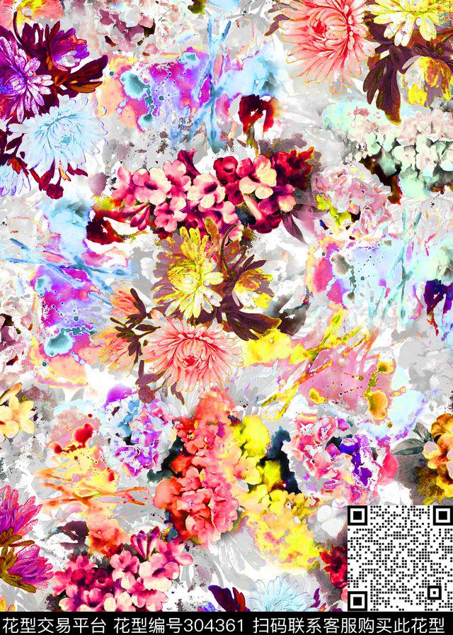 手绘水彩花卉抽象数码印花华亿平台下载（图片编号: 304361） - 瓦栏（Walan）