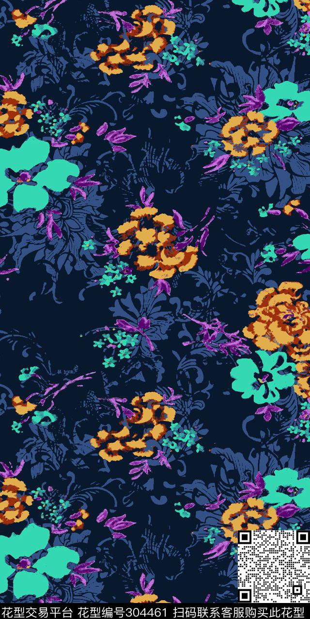 几何乱花花卉传统印花华亿平台下载（图片编号: 304461） - 瓦栏（Walan）