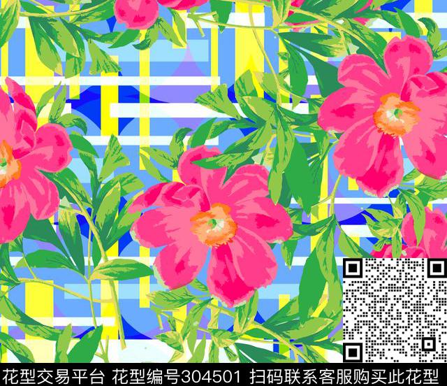 手绘水彩花卉几何格纹多彩传统印花华亿平台下载（图片编号: 304501） - 瓦栏（Walan）