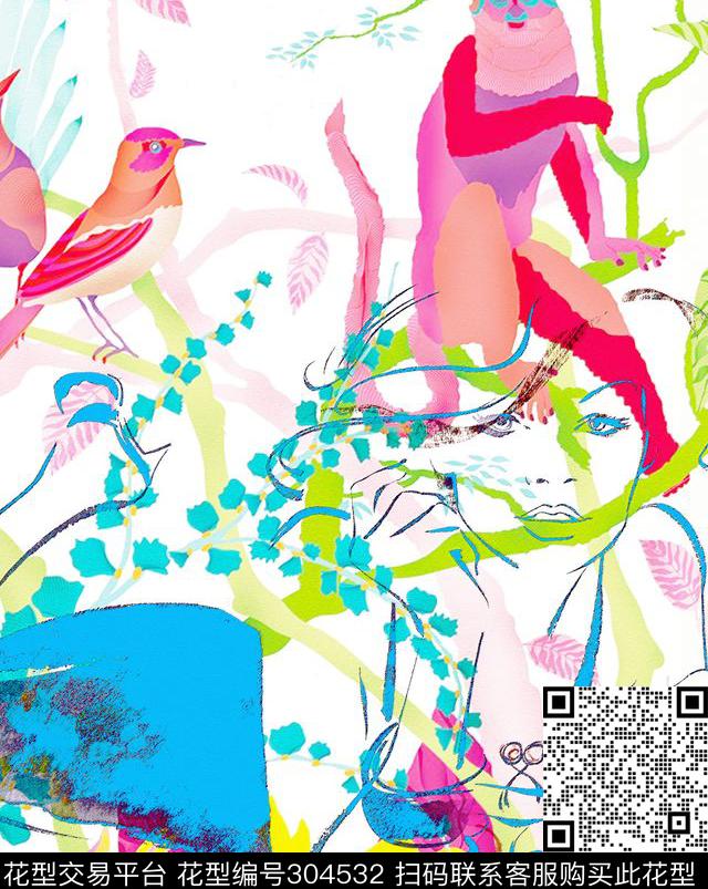 风景手绘猴子数码印花华亿平台下载（图片编号: 304532） - 瓦栏（Walan）