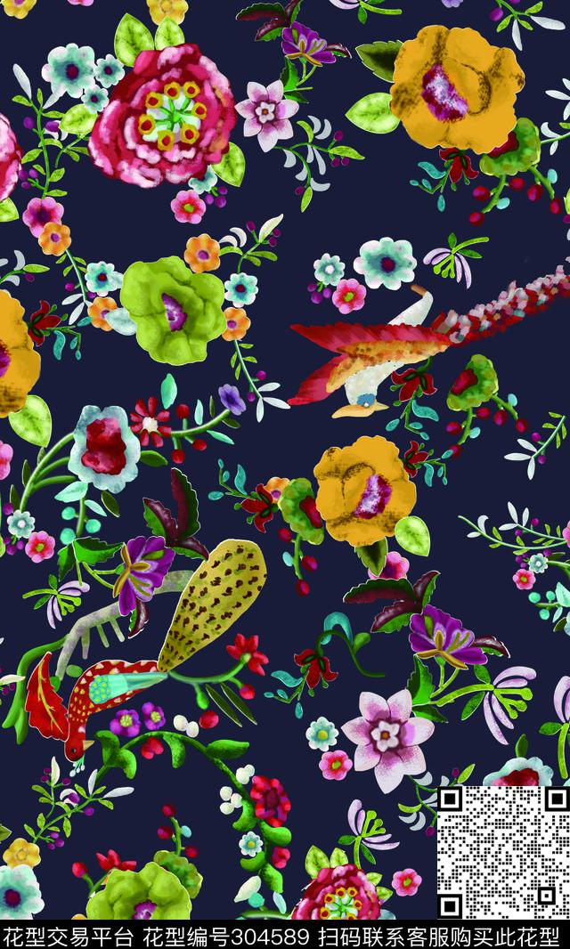 水彩复古花鸟多彩数码印花华亿平台下载（图片编号: 304589） - 瓦栏（Walan）