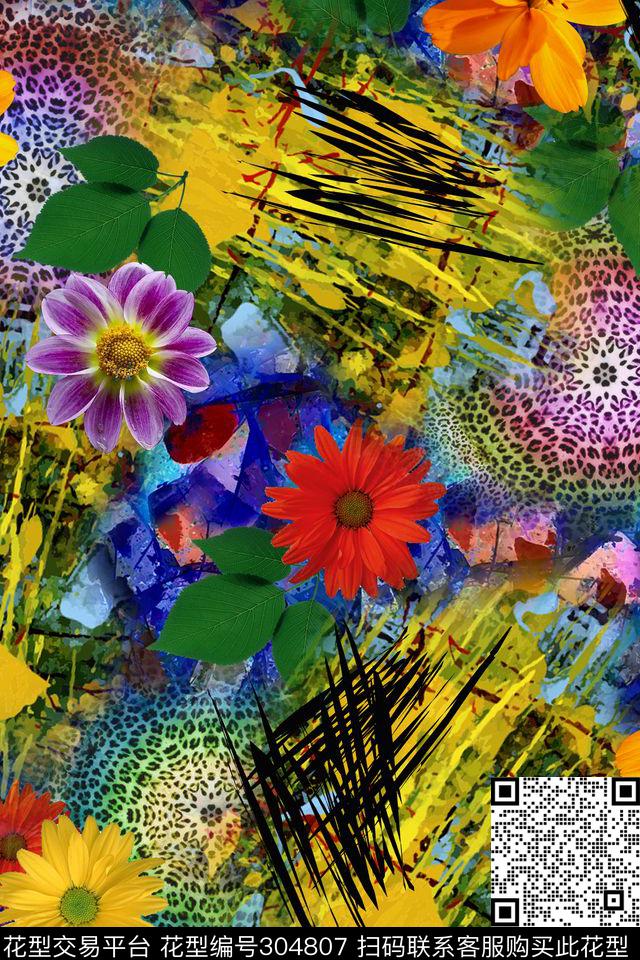豹纹花卉炫彩数码印花华亿平台下载（图片编号: 304807） - 瓦栏（Walan）