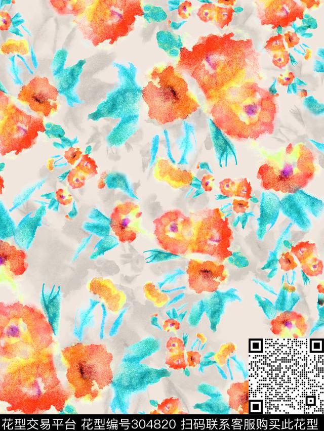 手绘水彩花卉清新晕染数码印花华亿平台下载（图片编号: 304820） - 瓦栏（Walan）