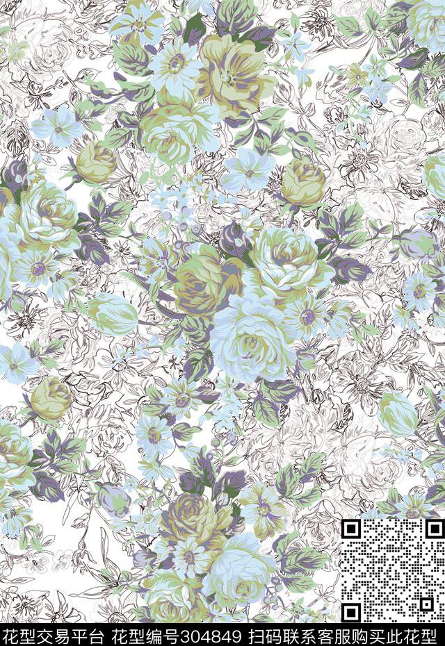 油画花卉描花素雅数码印花华亿平台下载（图片编号: 304849） - 瓦栏（Walan）