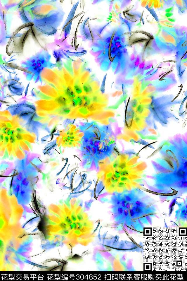 花卉水彩植物数码印花华亿平台下载（图片编号: 304852） - 瓦栏（Walan）