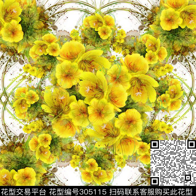 手绘水彩花卉对称田园数码印花华亿平台下载（图片编号: 305115） - 瓦栏（Walan）