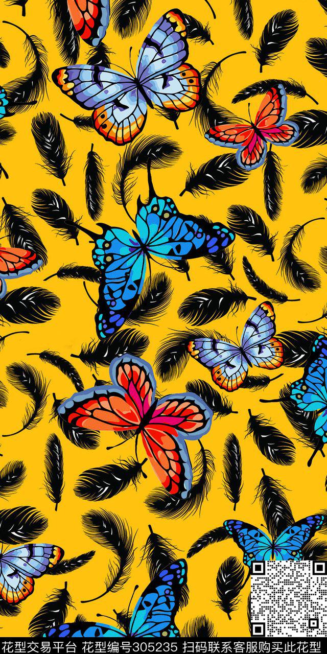 羽毛蝴蝶复古数码印花华亿平台下载（图片编号: 305235） - 瓦栏（Walan）