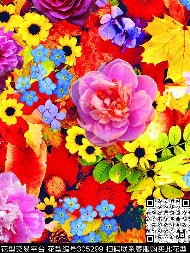 多彩花卉撞色数码印花华亿平台下载（图片编号: 305299） - 瓦栏（Walan）