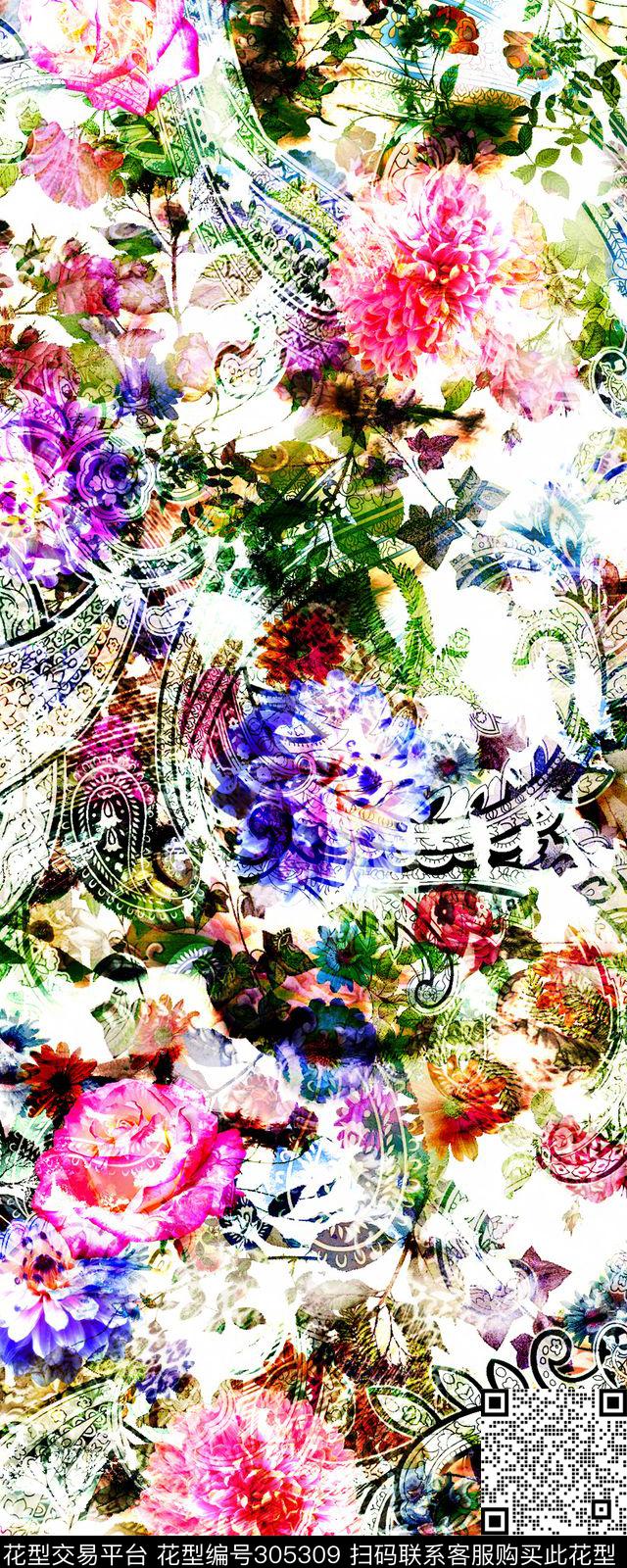 佩斯利花卉数码印花华亿平台下载（图片编号: 305309） - 瓦栏（Walan）