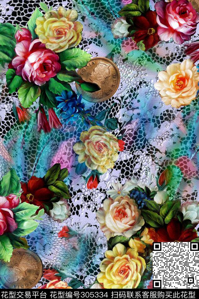 油画花卉蕾丝复古数码印花华亿平台下载（图片编号: 305334） - 瓦栏（Walan）