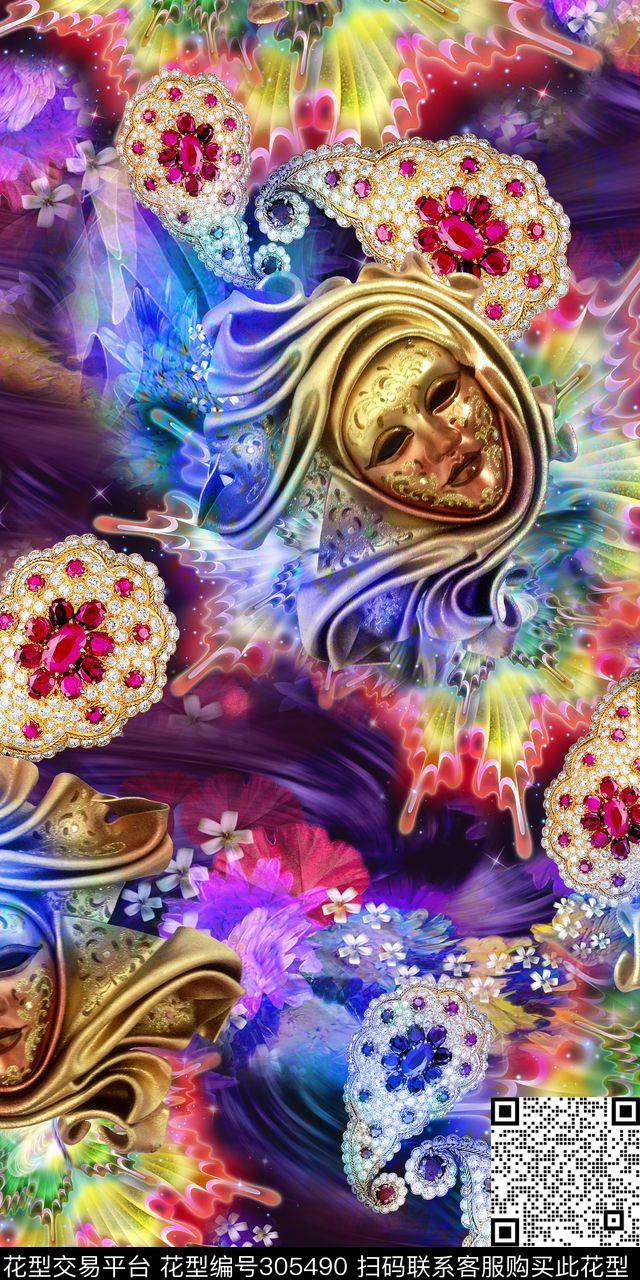 珠宝面具炫彩数码印花华亿平台下载（图片编号: 305490） - 瓦栏（Walan）